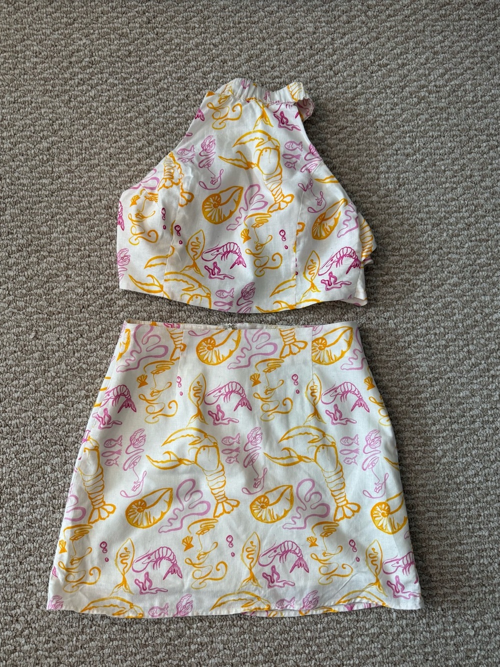 Peppermayo x Rikki Day Seafood Print Linen Halter Top and Mini Skirt Set